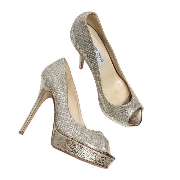 Jimmy Choo Gold Champagne Glitter Luna Peep Toe Platform Pumps Women’s Size 38.5 - Picture 9 of 16